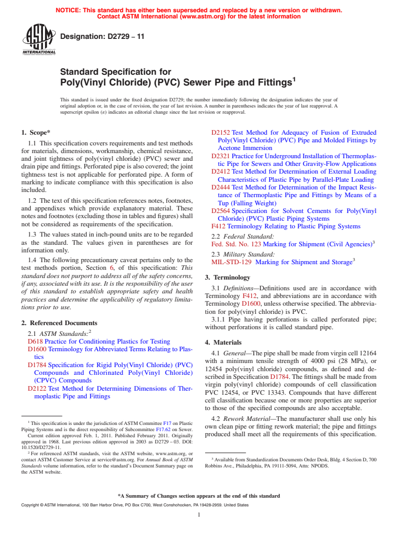 ASTM D2729-11 - Standard Specification for Poly(Vinyl Chloride) (PVC) Sewer Pipe and Fittings