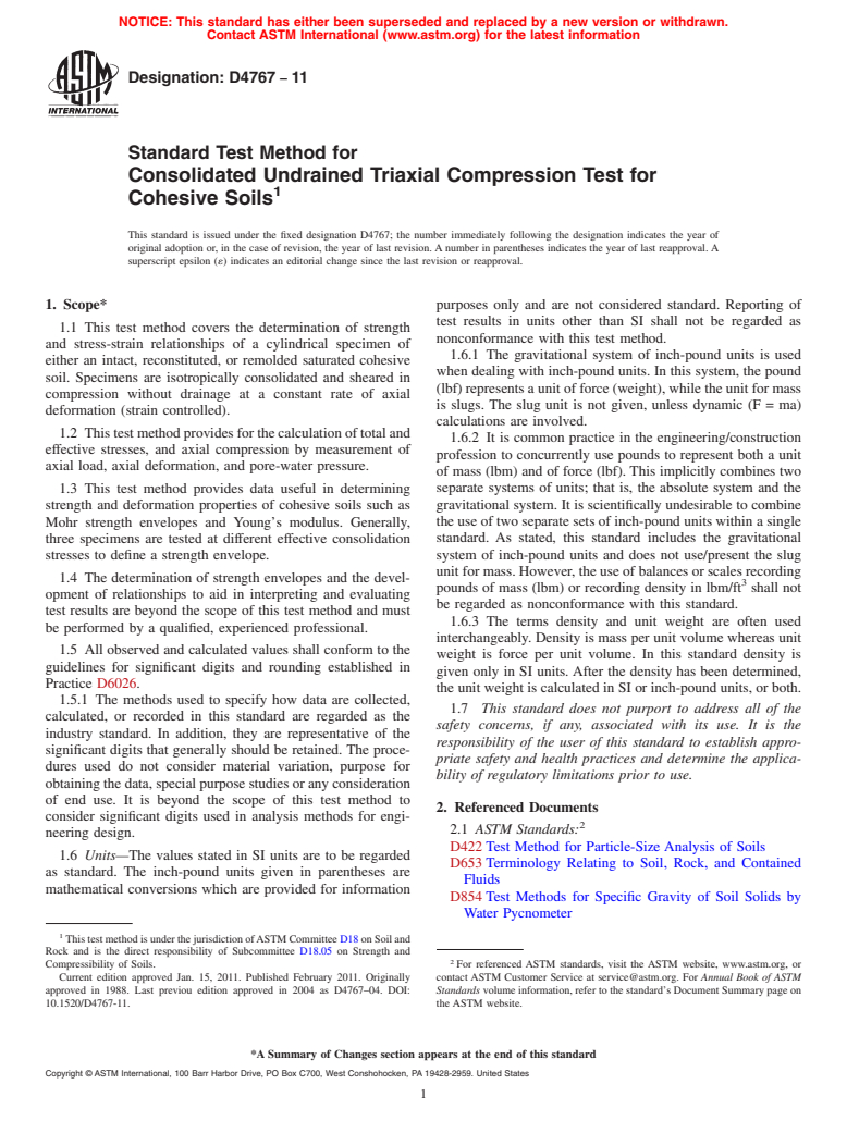 ASTM D4767-11 - Standard Test Method for Consolidated Undrained Triaxial Compression Test for Cohesive Soils