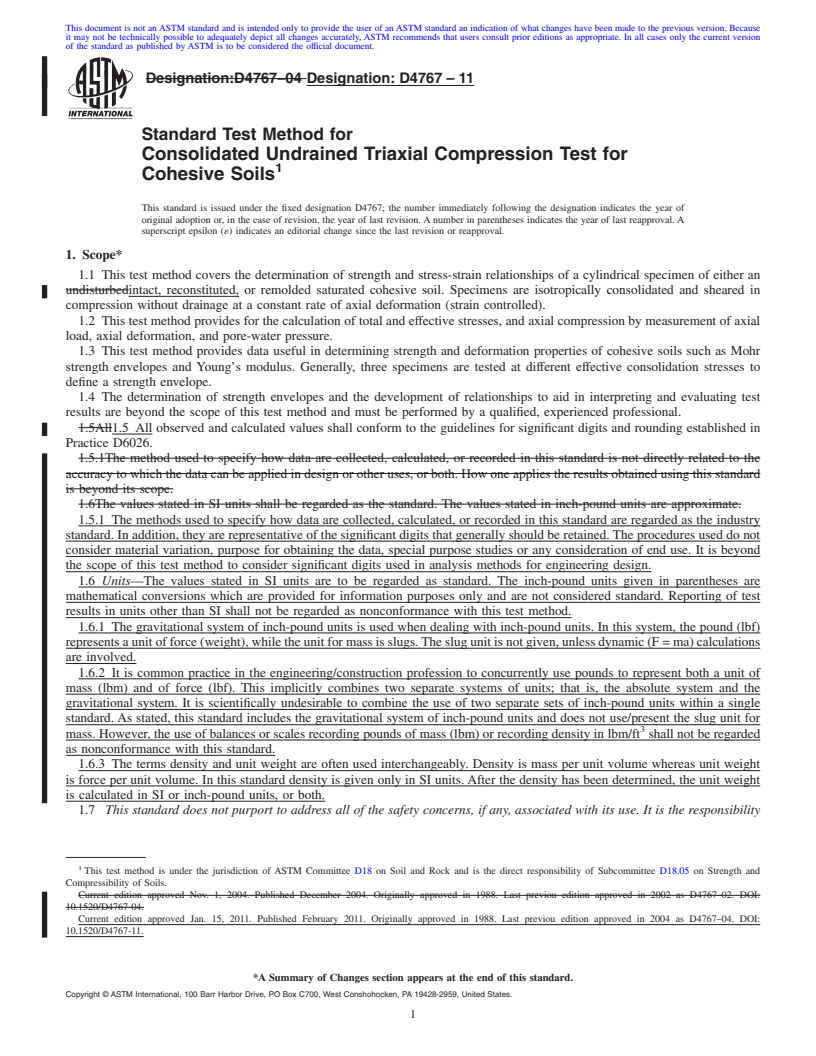 REDLINE ASTM D4767-11 - Standard Test Method for Consolidated Undrained Triaxial Compression Test for Cohesive Soils