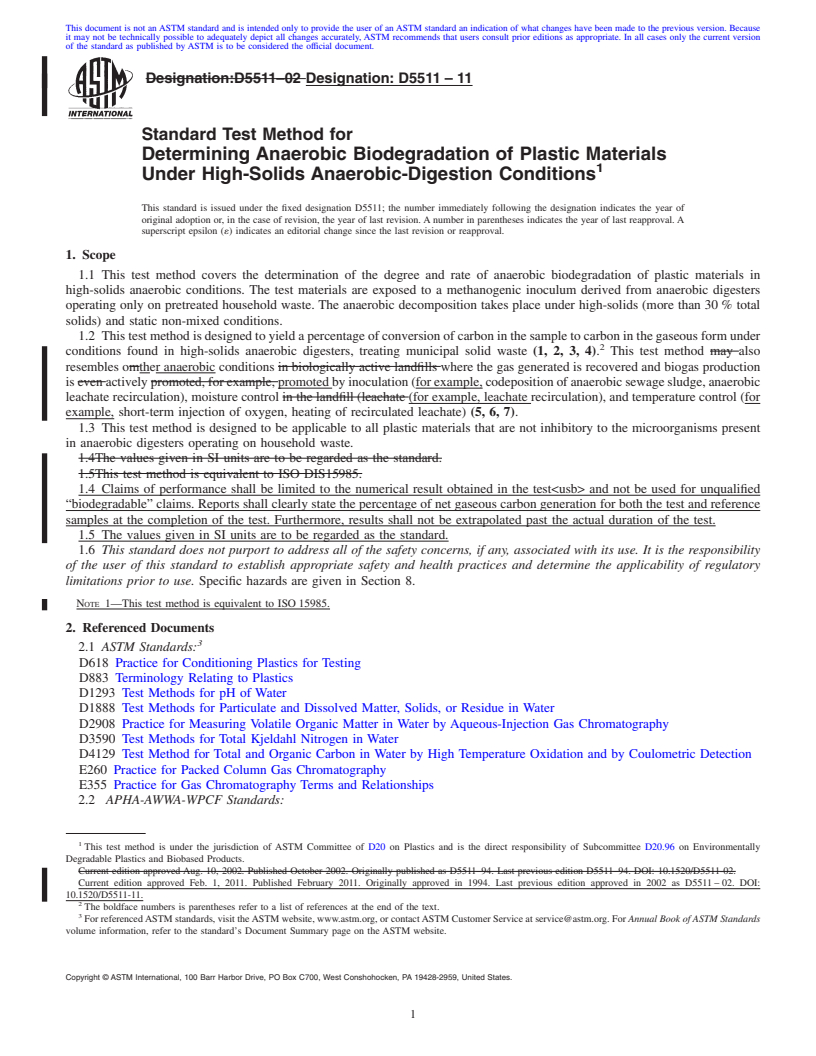 REDLINE ASTM D5511-11 - Standard Test Method for Determining Anaerobic Biodegradation of Plastic Materials Under High-Solids Anaerobic-Digestion Conditions