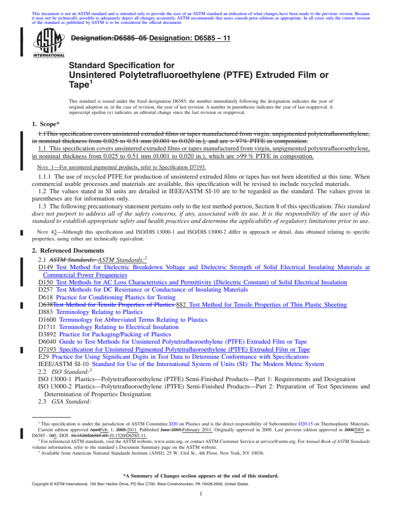 REDLINE ASTM D6585-11 - Standard Specification for Unsintered Polytetrafluoroethylene (PTFE) Extruded Film or Tape