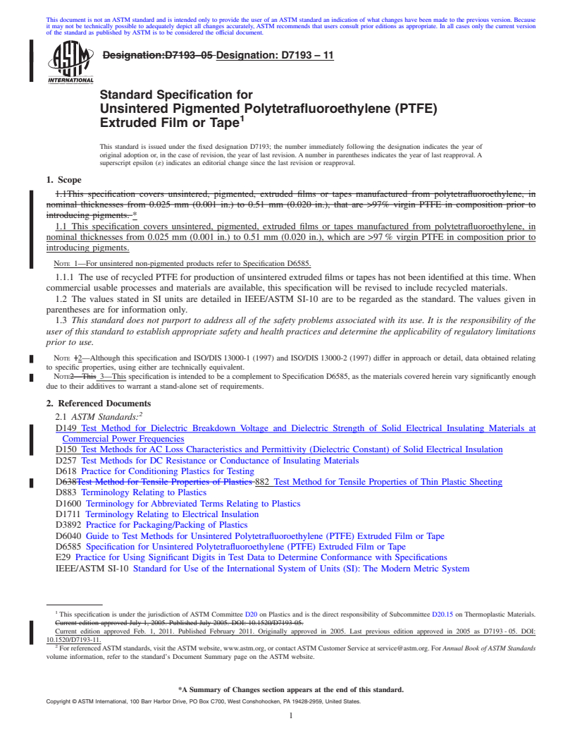 REDLINE ASTM D7193-11 - Standard Specification for Unsintered Pigmented Polytetrafluoroethylene (PTFE) Extruded Film or Tape