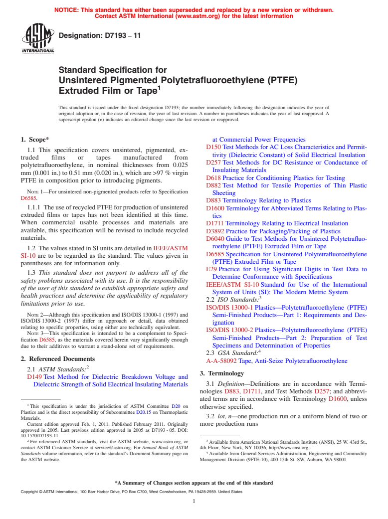 ASTM D7193-11 - Standard Specification for Unsintered Pigmented Polytetrafluoroethylene (PTFE) Extruded Film or Tape