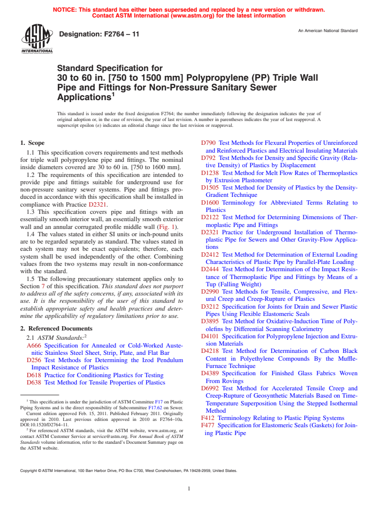 ASTM F2764-11 - Standard Specification for 30 to 60 in. [750 to 1500 mm] Polypropylene (PP) Triple Wall Pipe and Fittings for Non-Pressure Sanitary Sewer Applications