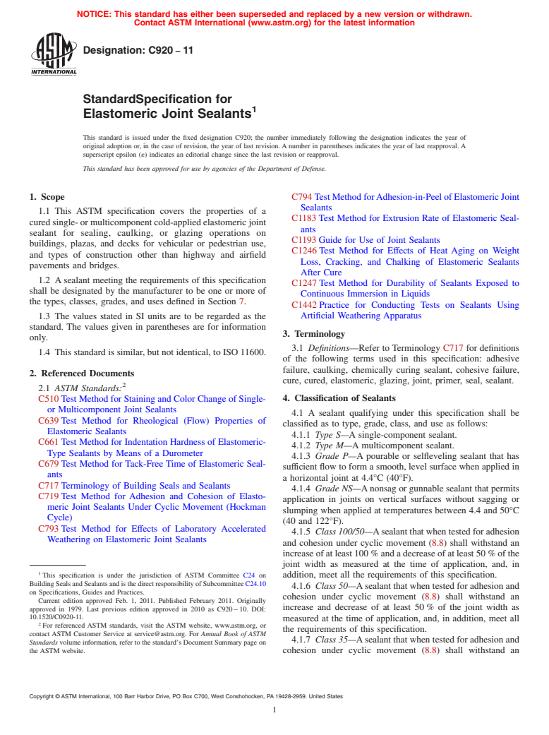 ASTM C920-11 - Standard Specification for  Elastomeric Joint Sealants
