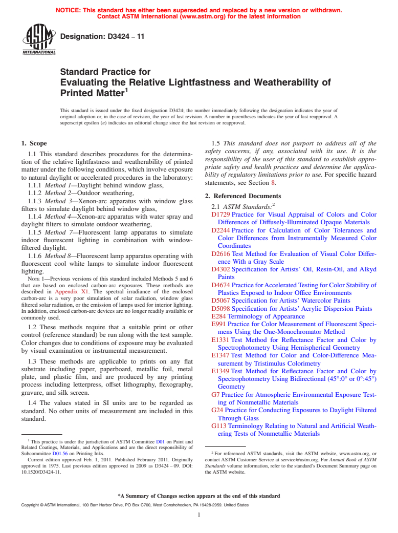 ASTM D3424-11 - Standard Practice for Evaluating the Relative Lightfastness and Weatherability of Printed  Matter (Withdrawn 2020)