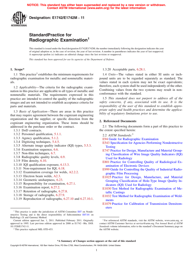 ASTM E1742/E1742M-11 - Standard Practice for  Radiographic Examination