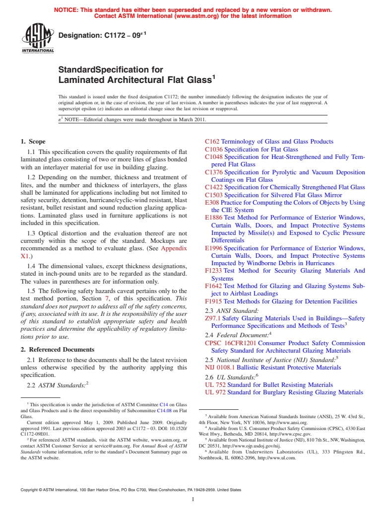 ASTM C1172-09e1 - Standard Specification for Laminated Architectural Flat Glass