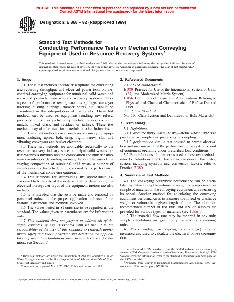 ASTM E868-82(1999) - Standard Test Methods for Conducting Performance Tests on Mechanical Conveying Equipment Used in Resource Recovery Systems