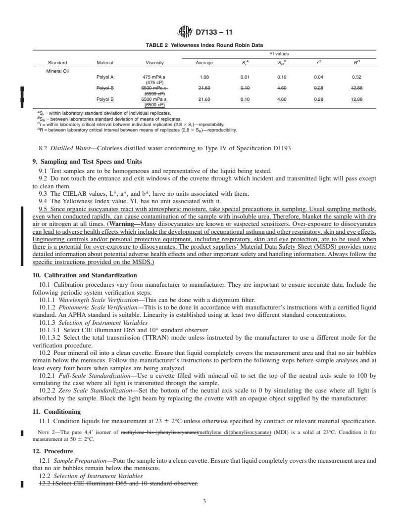 REDLINE ASTM D7133-11 - Standard Test Method for Polyurethane Raw Materials: Instrumental Measurement of Tristimulus CIELAB Color and Yellowness Index of Liquids