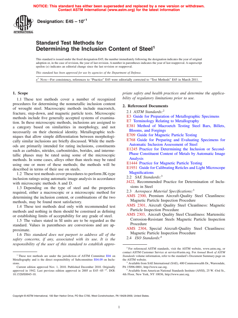 ASTM E45-10e1 - Standard Test Methods for  Determining the Inclusion Content of Steel