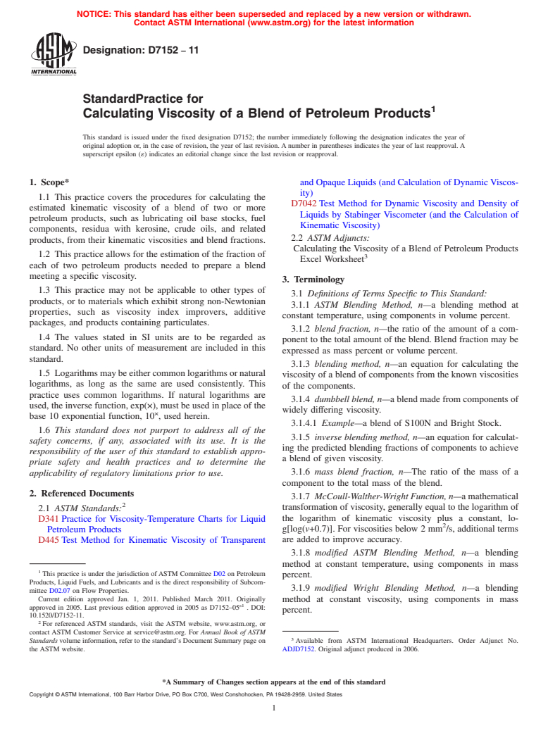 ASTM D7152-11 - Standard Practice for Calculating Viscosity of a Blend of Petroleum Products