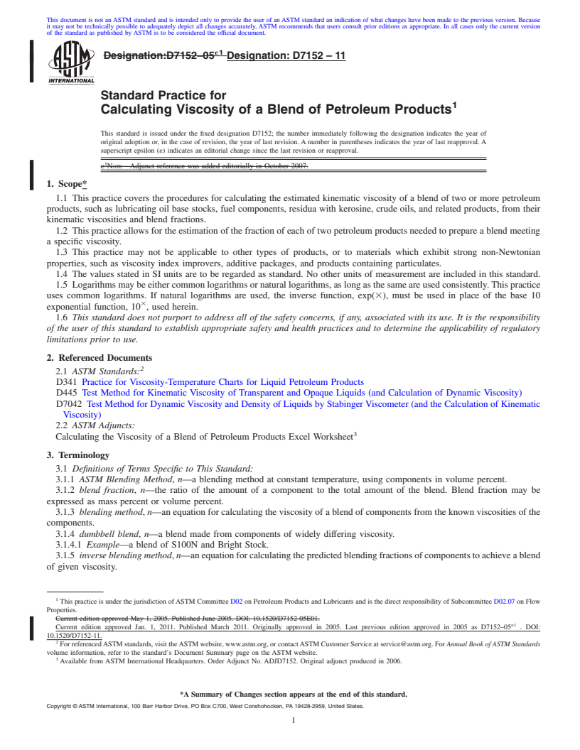 REDLINE ASTM D7152-11 - Standard Practice for Calculating Viscosity of a Blend of Petroleum Products