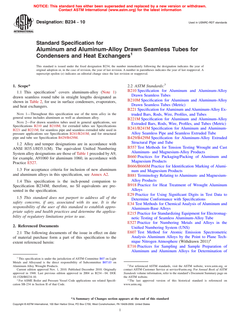 ASTM B234-10 - Standard Specification for Aluminum and Aluminum-Alloy Drawn Seamless Tubes for Condensers and Heat Exchangers