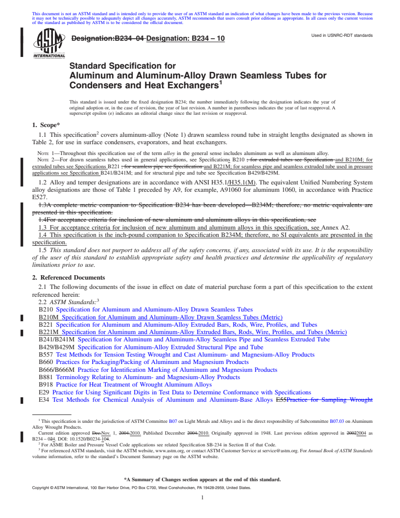 REDLINE ASTM B234-10 - Standard Specification for Aluminum and Aluminum-Alloy Drawn Seamless Tubes for Condensers and Heat Exchangers