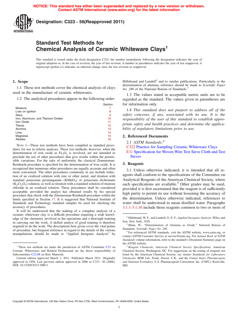 ASTM C323-56(2011) - Standard Test Methods for Chemical Analysis of Ceramic Whiteware Clays