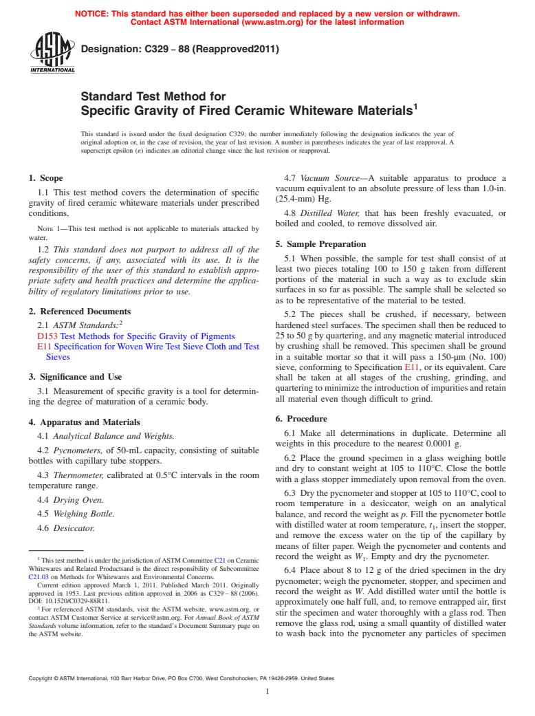 ASTM C329-88(2011) - Standard Test Method for Specific Gravity of Fired Ceramic Whiteware Materials