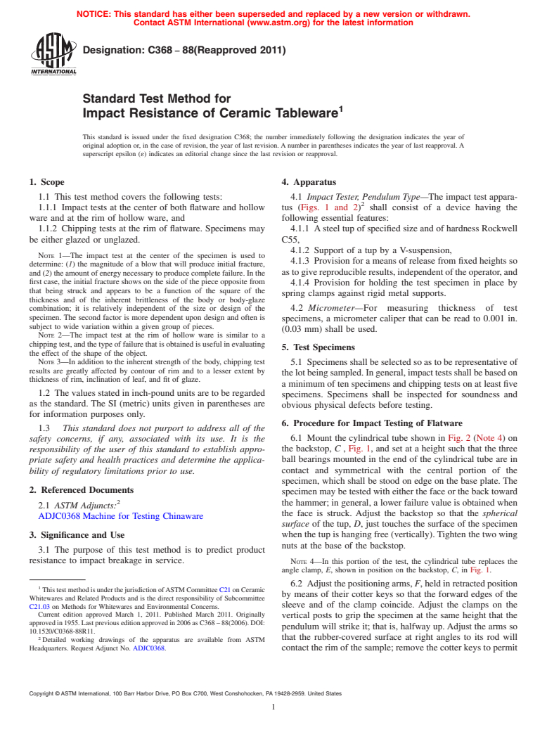 ASTM C368-88(2011) - Standard Test Method for Impact Resistance of Ceramic Tableware