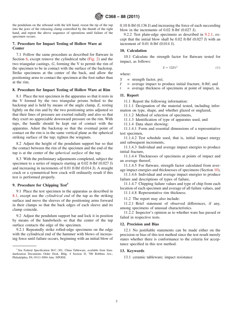 ASTM C368-88(2011) - Standard Test Method for Impact Resistance of Ceramic Tableware