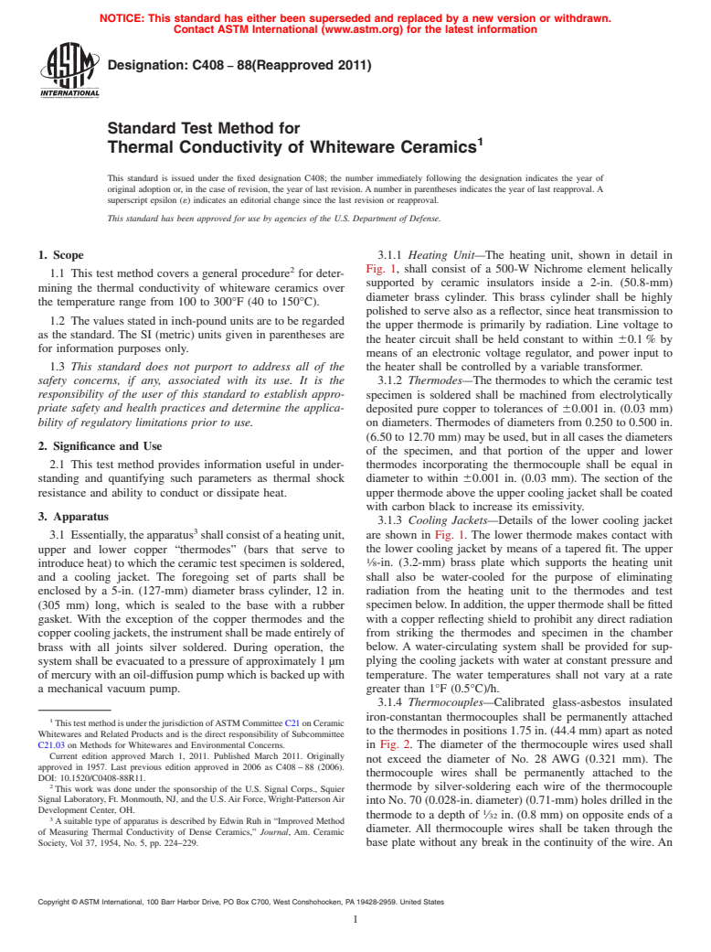ASTM C408-88(2011) - Standard Test Method for Thermal Conductivity of Whiteware Ceramics
