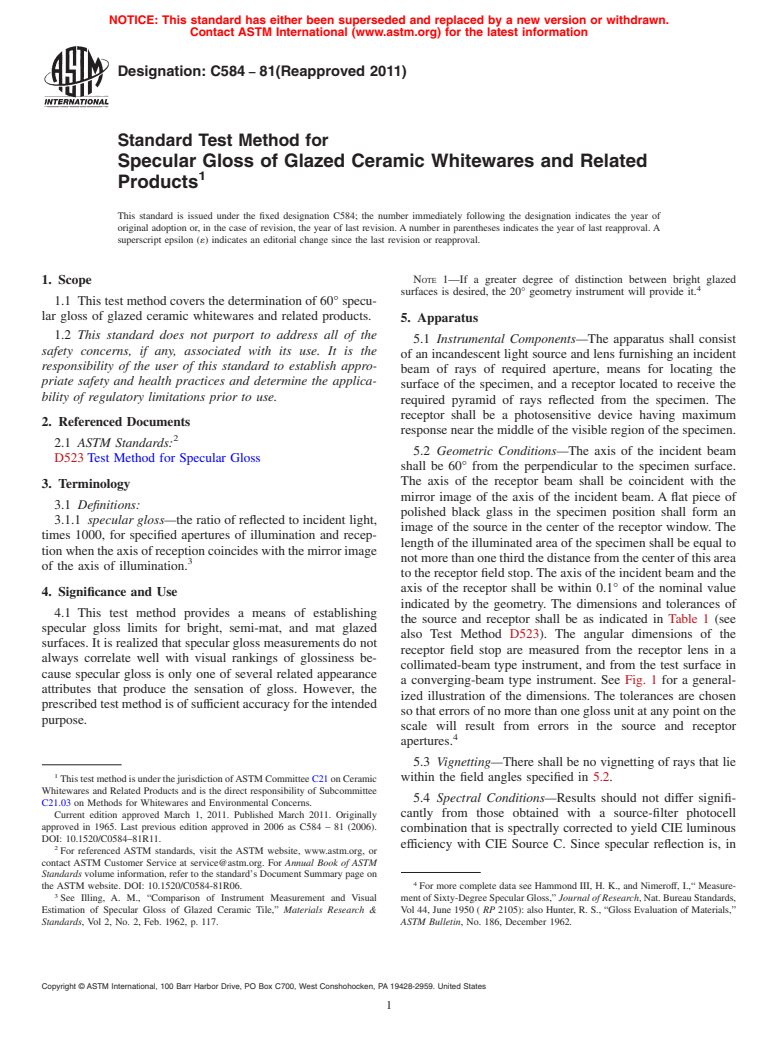 ASTM C584-81(2011) - Standard Test Method for Specular Gloss of Glazed Ceramic Whitewares and Related Products