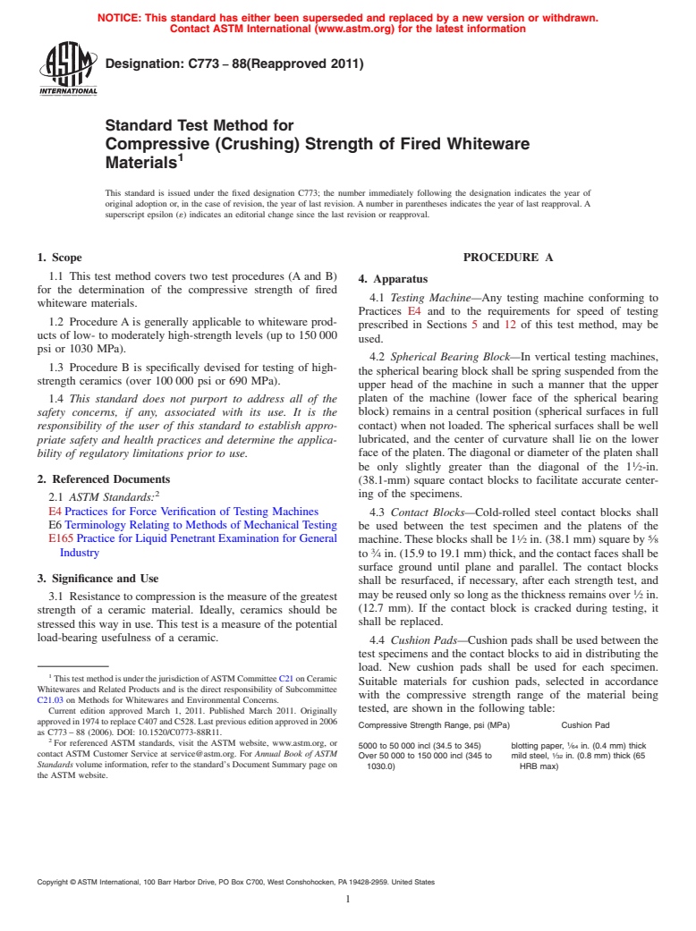 ASTM C773-88(2011) - Standard Test Method for Compressive (Crushing) Strength of Fired Whiteware Materials