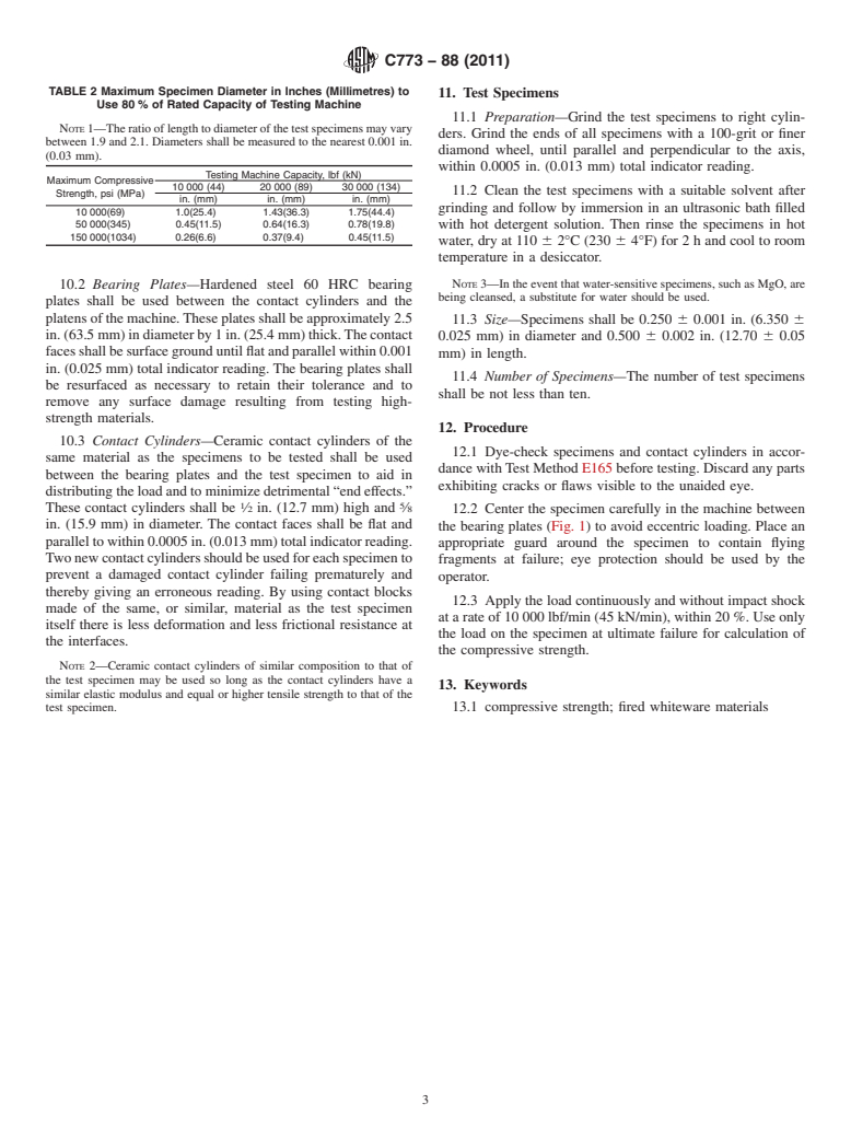 ASTM C773-88(2011) - Standard Test Method for Compressive (Crushing) Strength of Fired Whiteware Materials