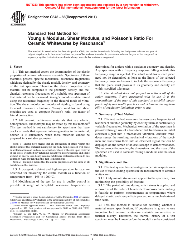 ASTM C848-88(2011) - Standard Test Method for Young's Modulus, Shear Modulus, and Poisson's Ratio For Ceramic Whitewares by Resonance