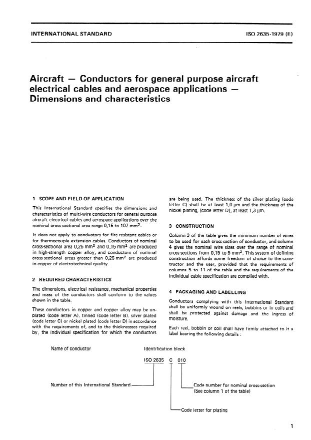 ISO 2635:1979 - Aircraft -- Conductors for general purpose aircraft electrical cables and aerospace applications -- Dimensions and characteristics