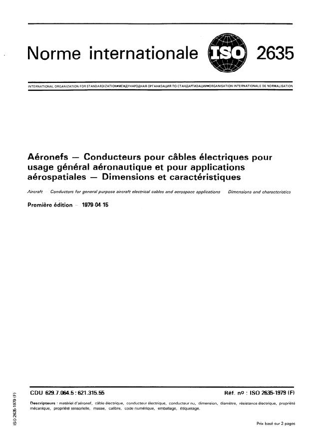 ISO 2635:1979 - Aéronefs -- Conducteurs pour câbles électriques pour usage général aéronautique et pour applications aérospatiales -- Dimensions et caractéristiques