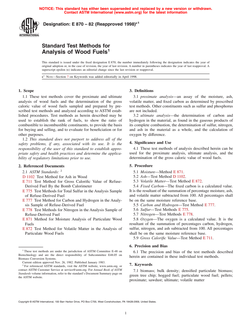 ASTM E870-82(1998)e1 - Standard Test Methods for Analysis of Wood Fuels