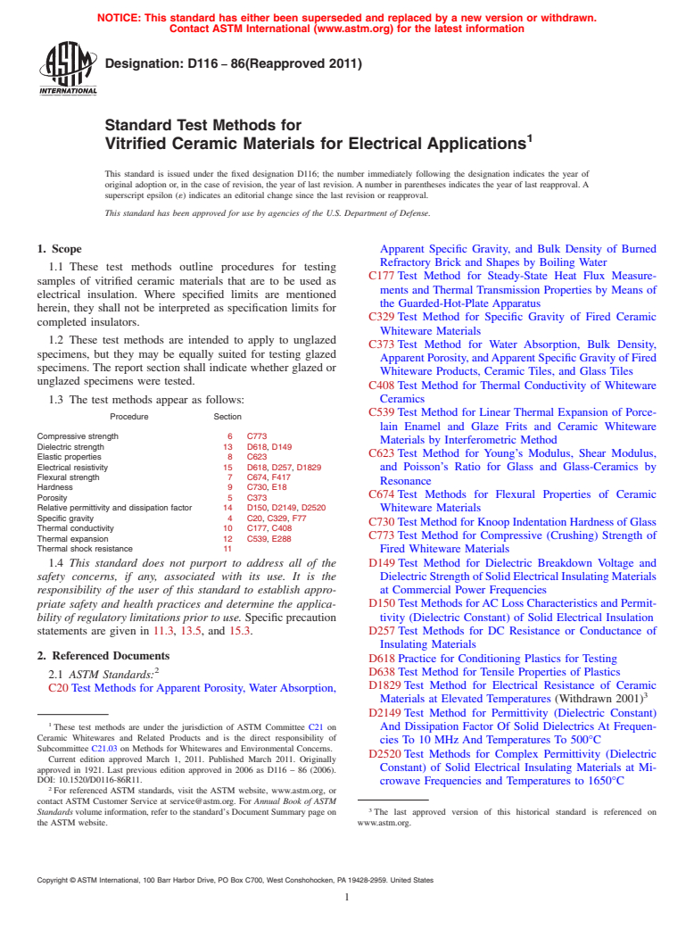 ASTM D116-86(2011) - Standard Test Methods for Vitrified Ceramic Materials for Electrical Applications