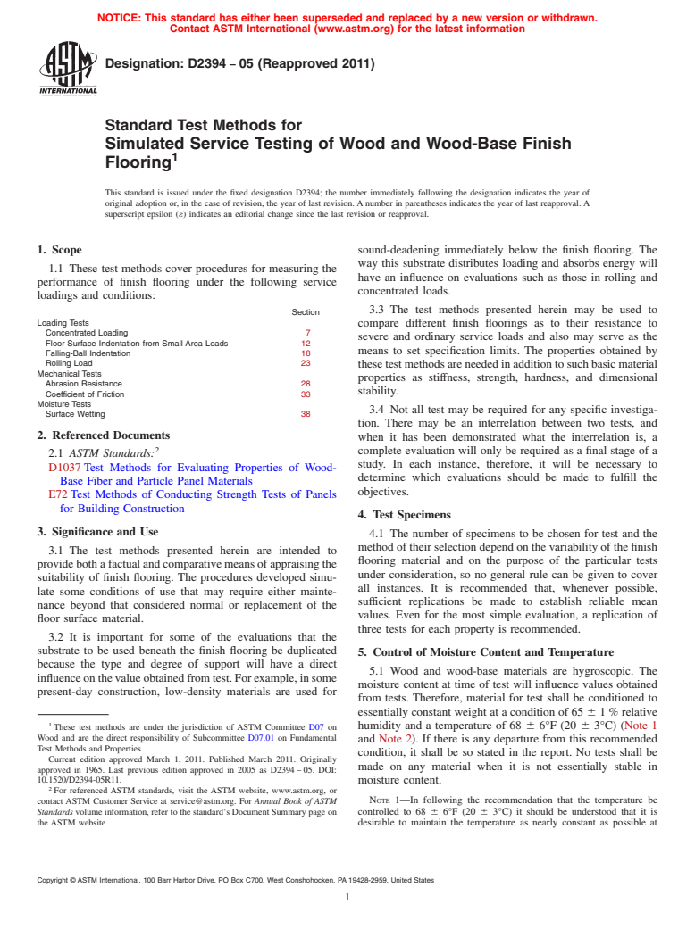 ASTM D2394-05(2011) - Standard Test Methods for  Simulated Service Testing of Wood and Wood-Base Finish Flooring