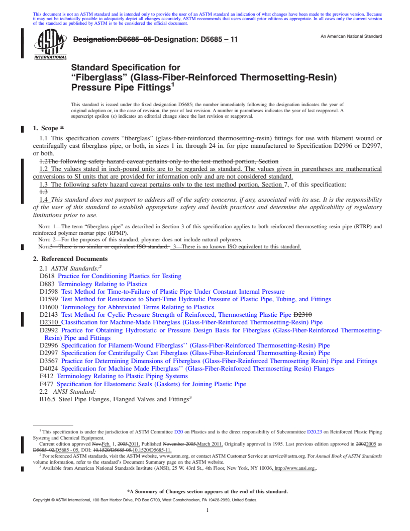 REDLINE ASTM D5685-11 - Standard Specification for "Fiberglass" (Glass-Fiber-Reinforced Thermosetting-Resin) Pressure Pipe Fittings