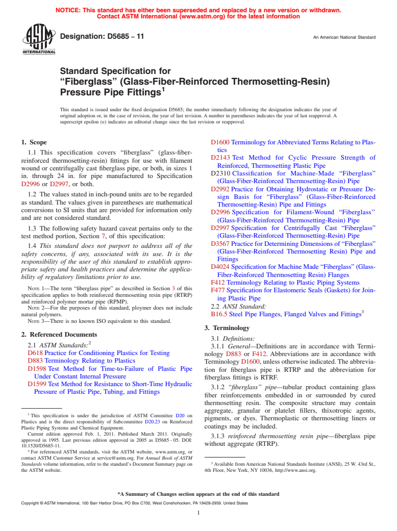 ASTM D5685-11 - Standard Specification for "Fiberglass" (Glass-Fiber-Reinforced Thermosetting-Resin) Pressure Pipe Fittings