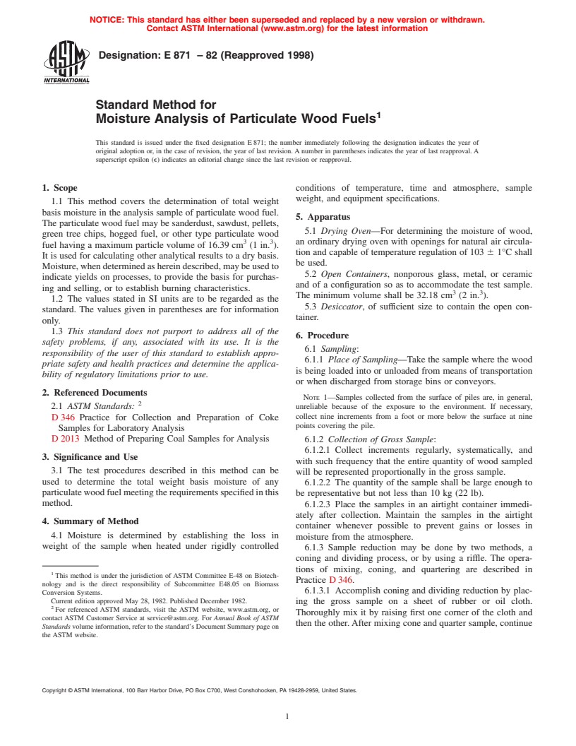 ASTM E871-82(1998) - Standard Method of Moisture Analysis of Particulate Wood Fuels