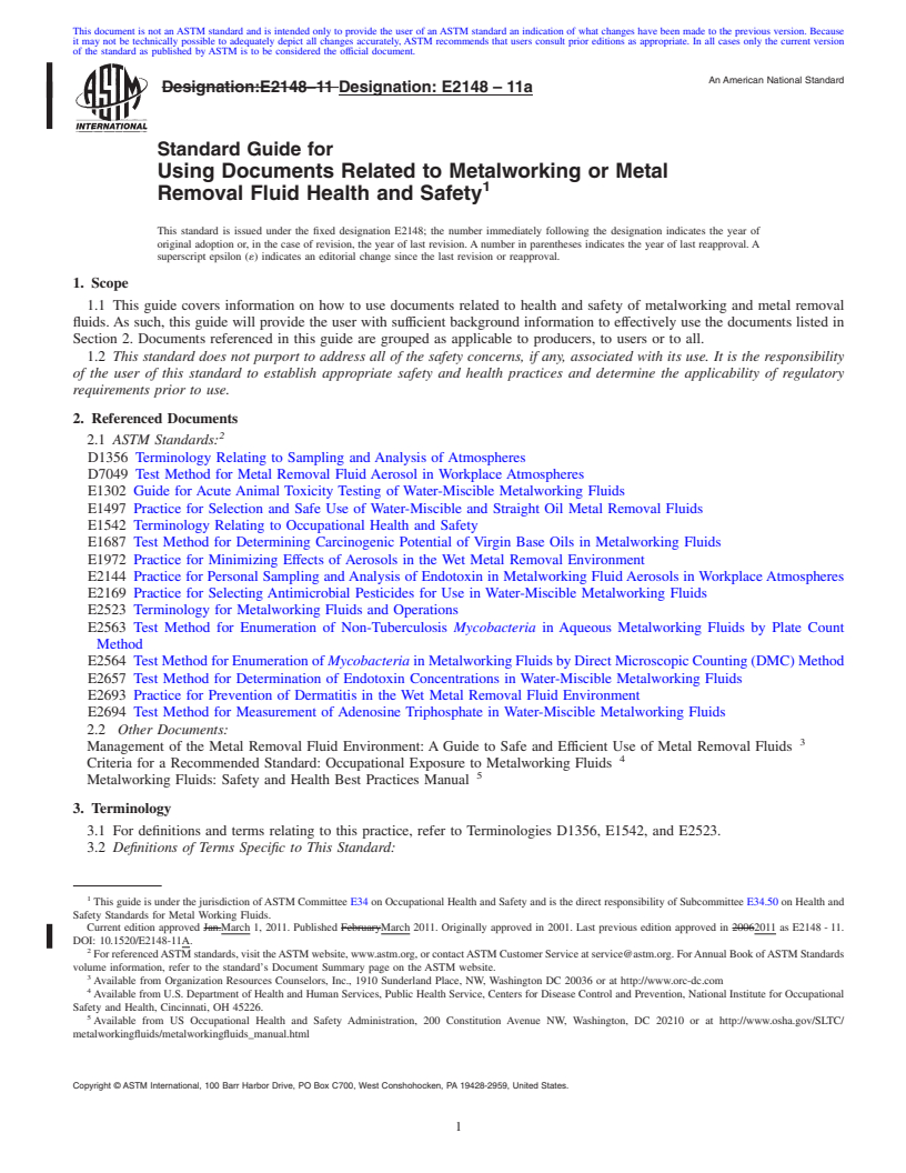 REDLINE ASTM E2148-11a - Standard Guide for Using Documents Related to Metalworking or Metal Removal Fluid Health and Safety