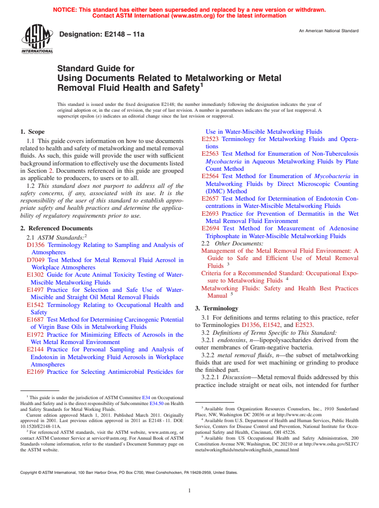 ASTM E2148-11a - Standard Guide for Using Documents Related to Metalworking or Metal Removal Fluid Health and Safety