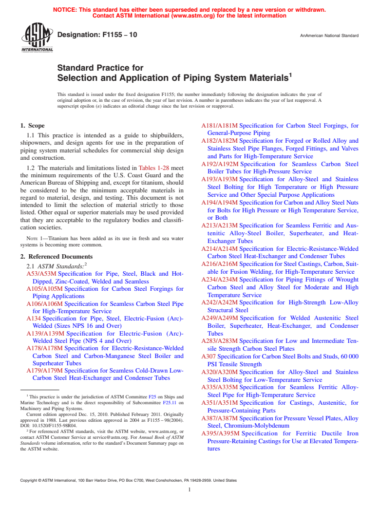 ASTM F1155-10 - Standard Practice for Selection and Application of Piping System Materials