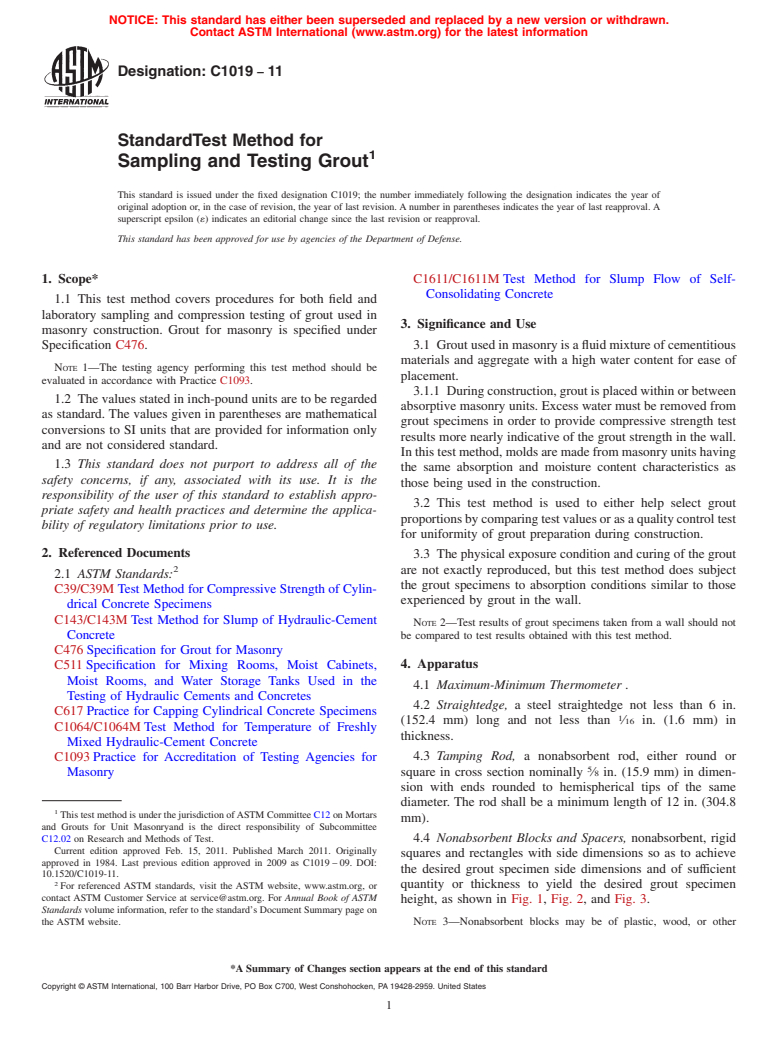 ASTM C1019-11 - Standard Test Method for  Sampling and Testing Grout