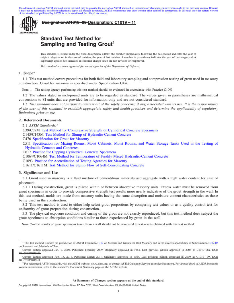REDLINE ASTM C1019-11 - Standard Test Method for  Sampling and Testing Grout