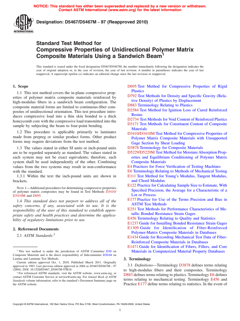 ASTM D5467/D5467M-97(2010) - Standard Test Method for Compressive Properties of Unidirectional Polymer Matrix Composites Using a Sandwich Beam