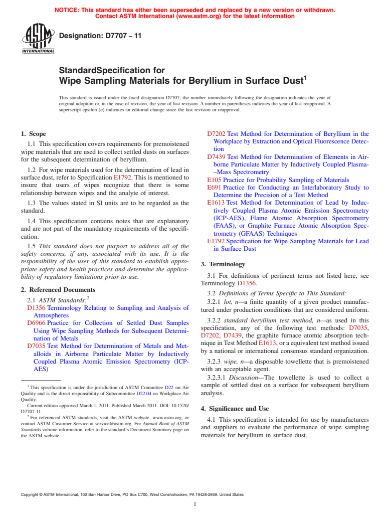 ASTM D7707-11 - Standard Specification for Wipe Sampling Materials for Beryllium in Surface Dust