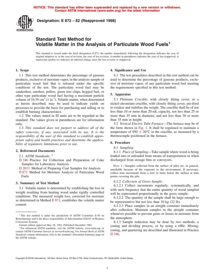 ASTM E872-82(1998) - Standard Test Method for Volatile Matter in the Analysis of Particulate Wood Fuels