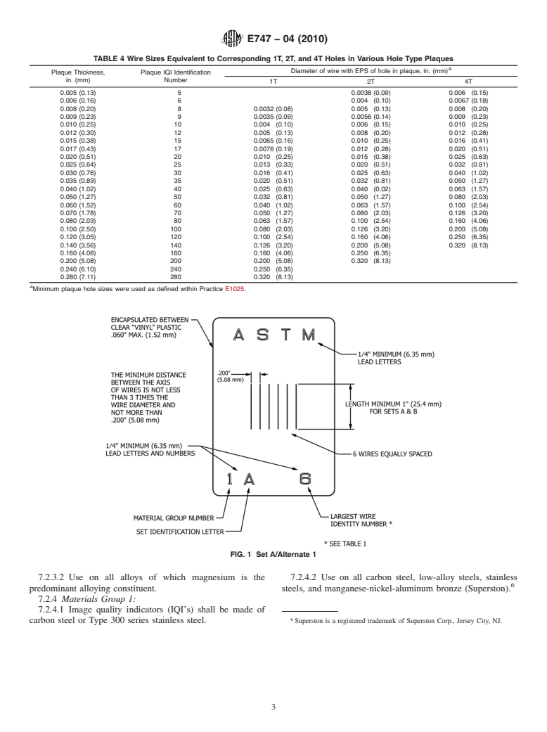 ASTM E747-04(2010) - Standard Practice for Design, Manufacture and Material Grouping Classification of Wire Image Quality Indicators (IQI) Used for Radiology