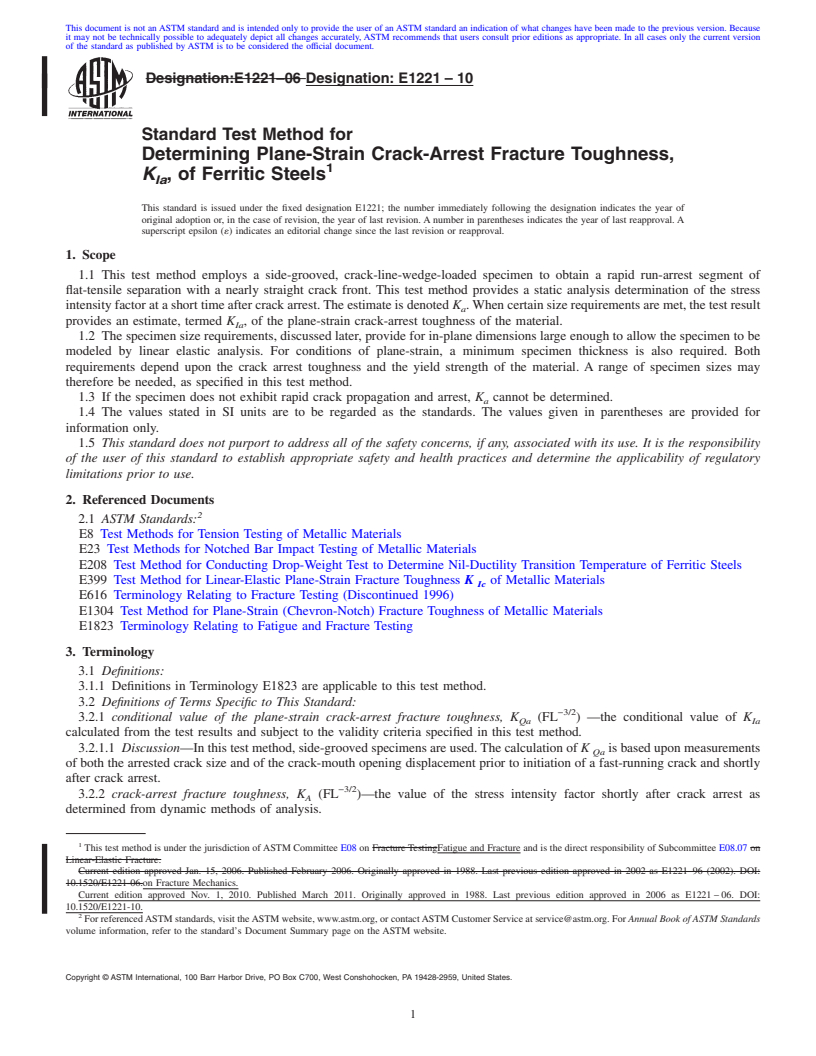 REDLINE ASTM E1221-10 - Standard Test Method for Determining Plane-Strain Crack-Arrest Fracture Toughness, K<sub>Ia</sub>, of Ferritic Steels