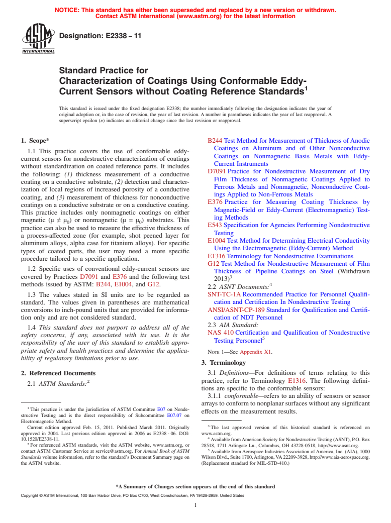 ASTM E2338-11 - Standard Practice for Characterization of Coatings Using Conformable Eddy-Current Sensors without Coating Reference Standards