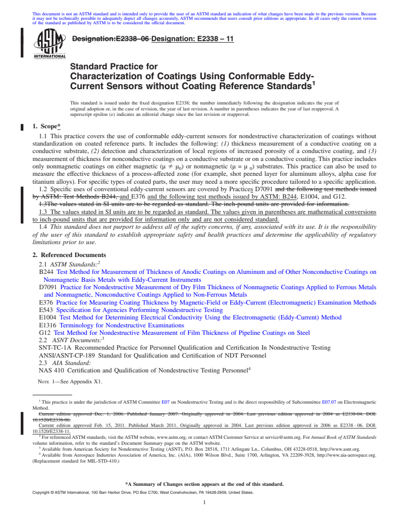 REDLINE ASTM E2338-11 - Standard Practice for Characterization of Coatings Using Conformable Eddy-Current Sensors without Coating Reference Standards