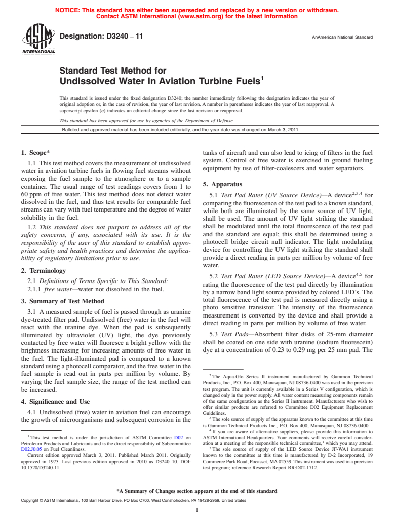 ASTM D3240-11 - Standard Test Method for Undissolved Water In Aviation Turbine Fuels