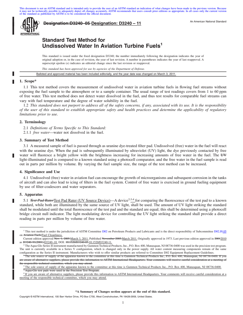 REDLINE ASTM D3240-11 - Standard Test Method for Undissolved Water In Aviation Turbine Fuels